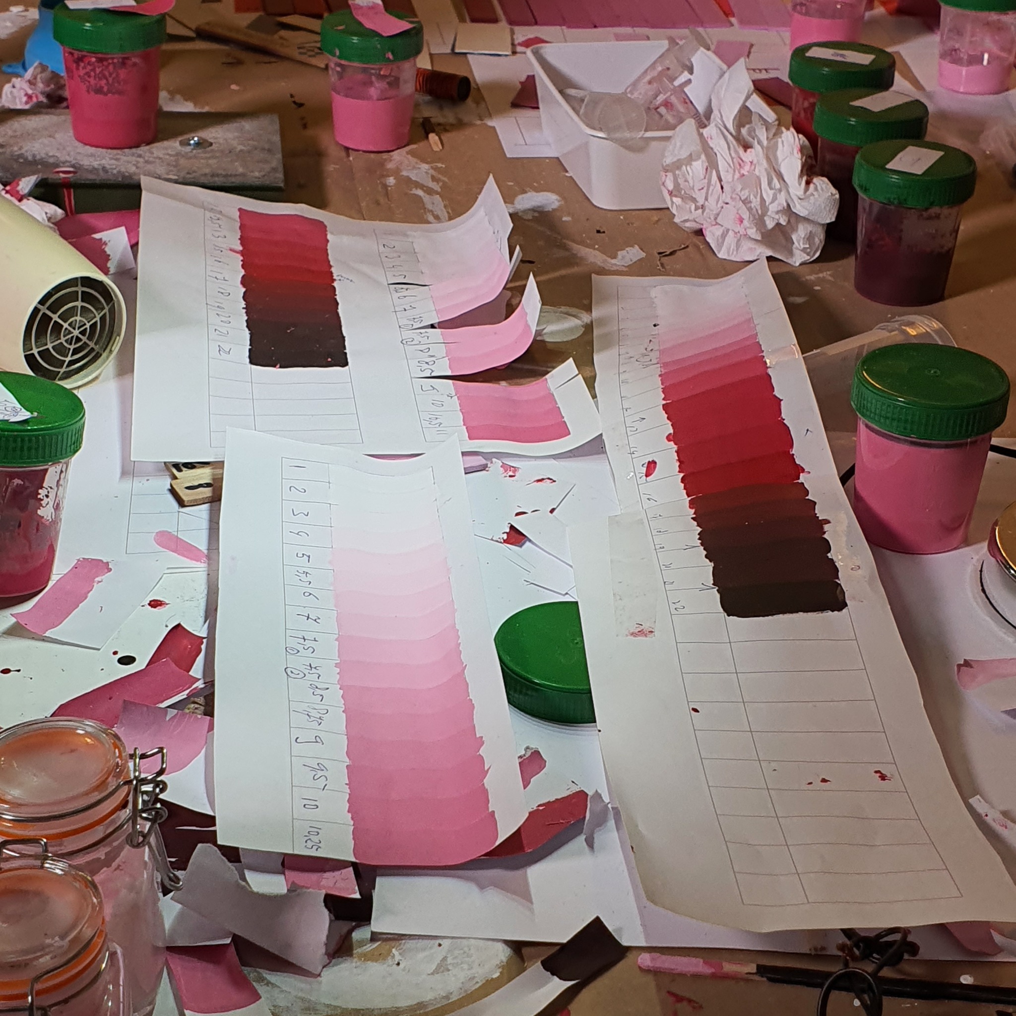 Painted colour studies and materials in the studio